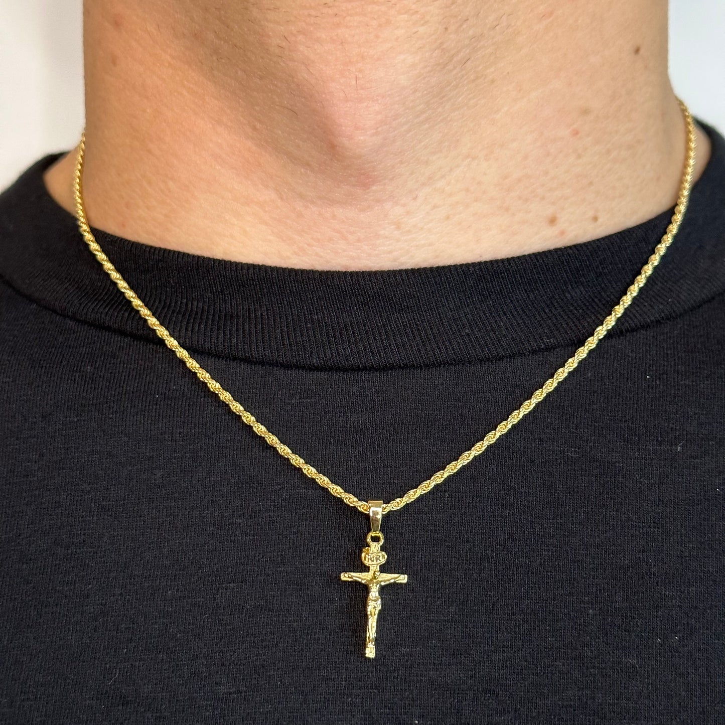 14k Gold Vermeil Diamond Cut Rope And Cross Pendant Set 2mm