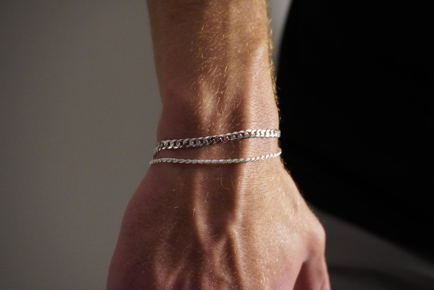 Solid .925 Sterling Silver Rope And Flat Cuban Bracelet Stack