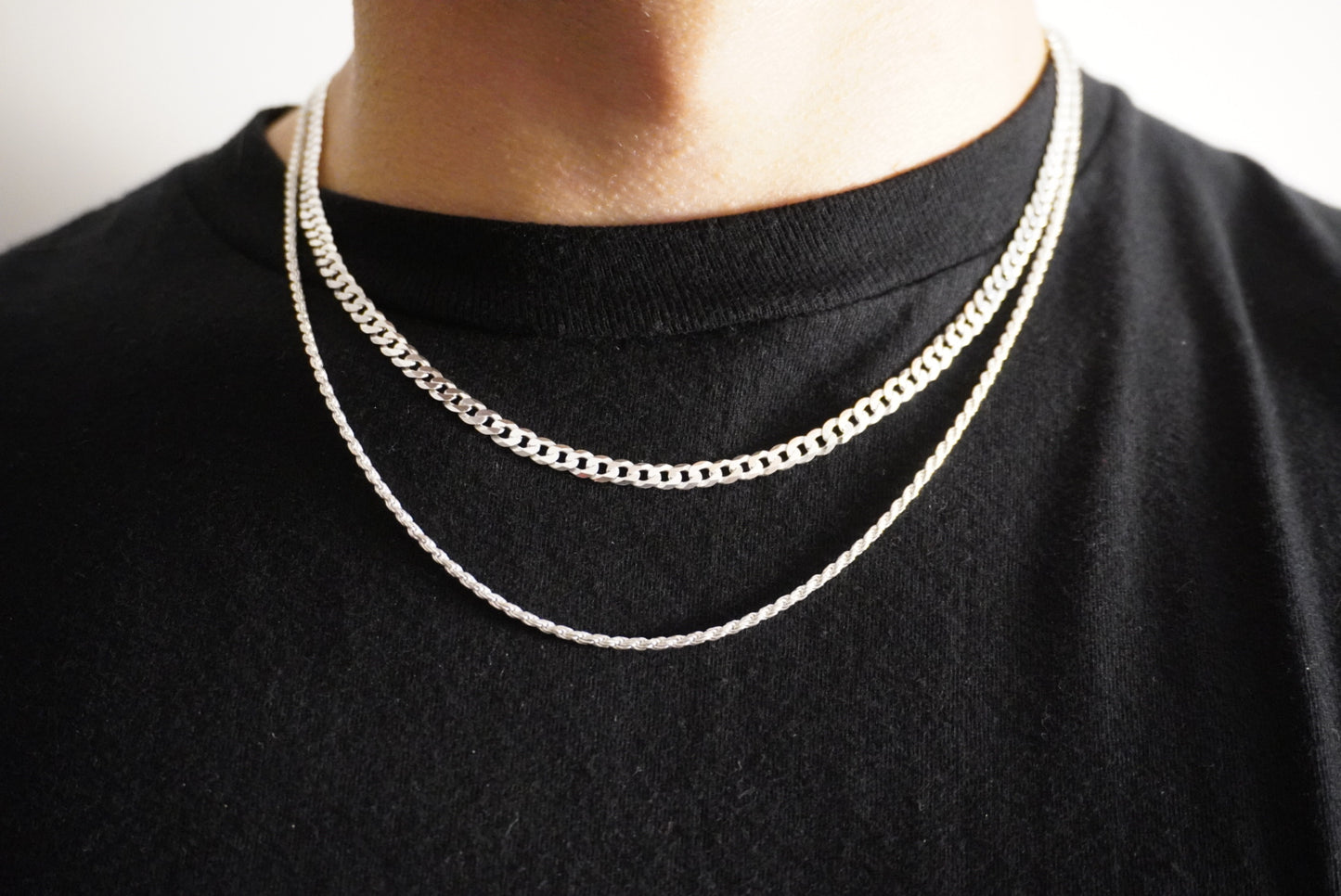 Solid .925 Sterling Silver Flat Cuban Link & Rope Chain Stack