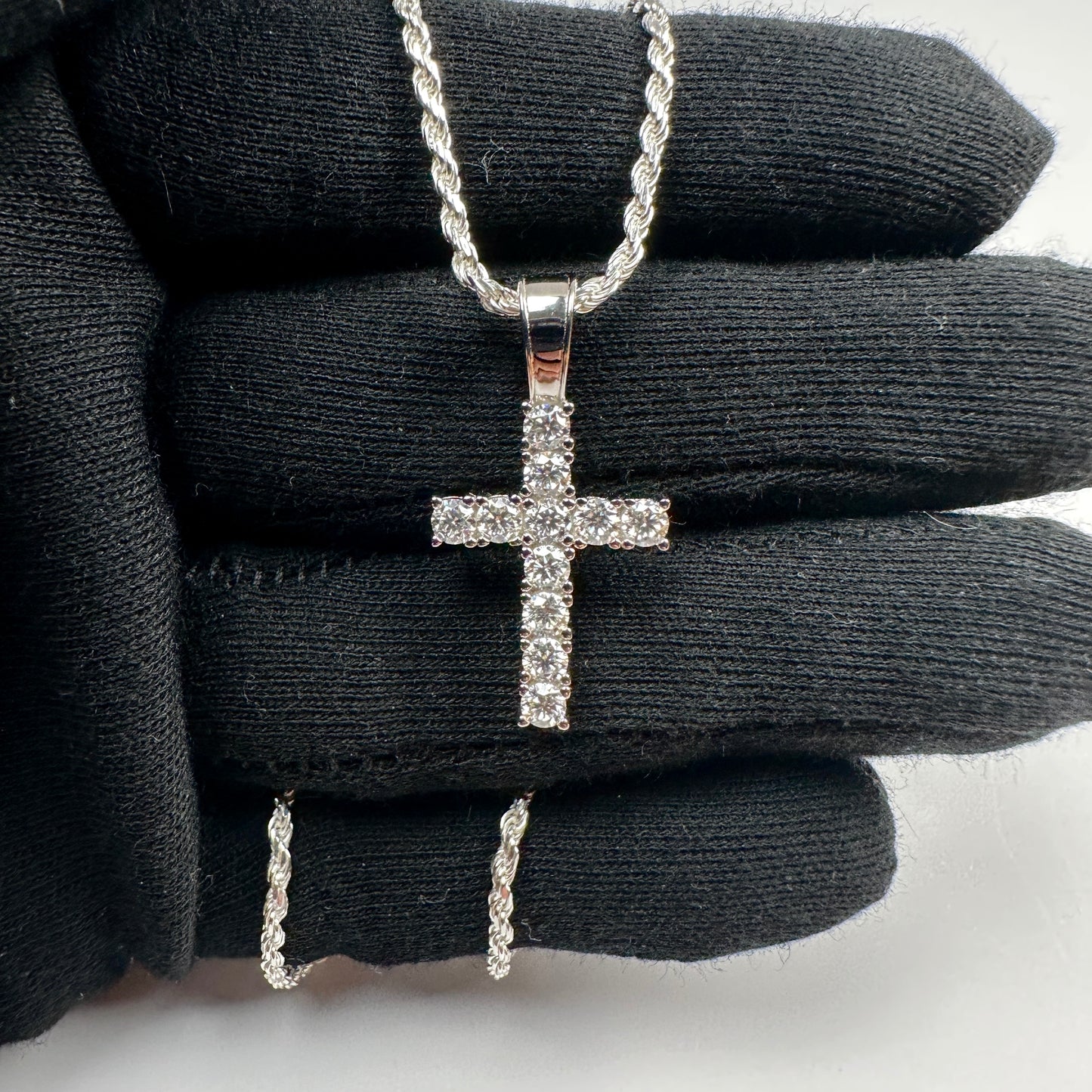 Solid .925 Sterling Silver Rope And Certified VVS Moissanite Cross Pendant In 2mm