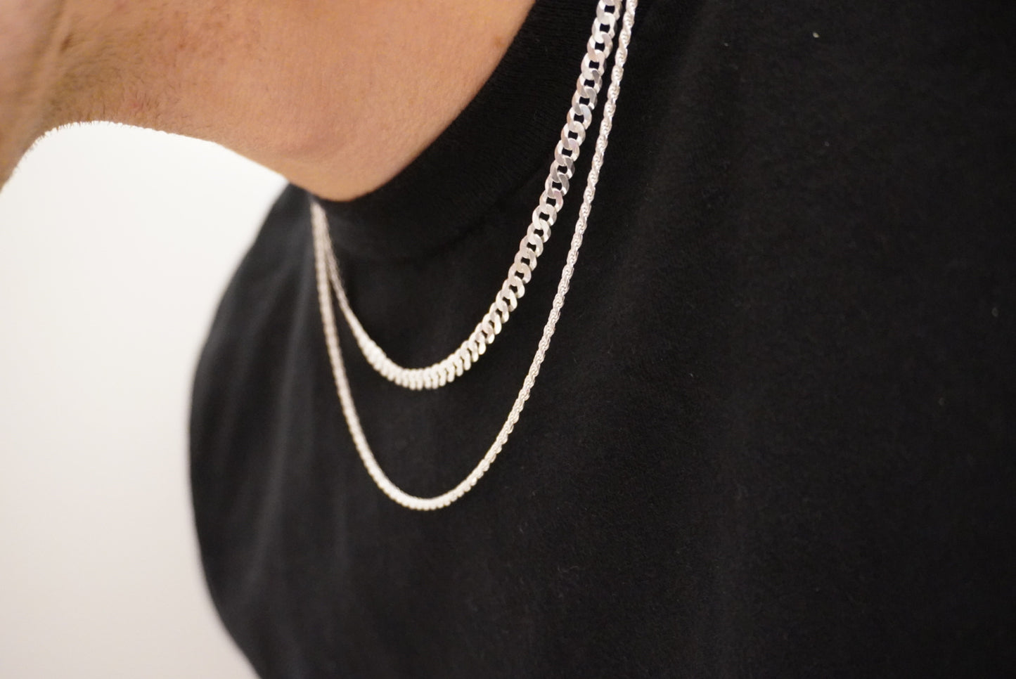 Solid .925 Sterling Silver Flat Cuban Link & Rope Chain Stack