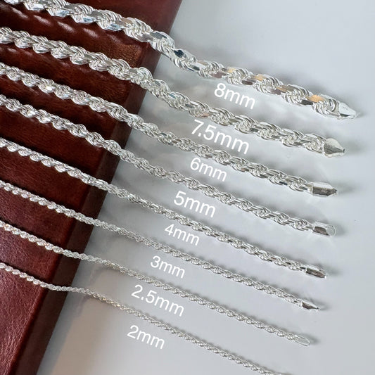 Italian Solid .925 Sterling Silver Diamond Cut Rope Chains in 2mm - 8mm With High Polish Finish, Anti Tarnish Waterproof Silver Jewelry