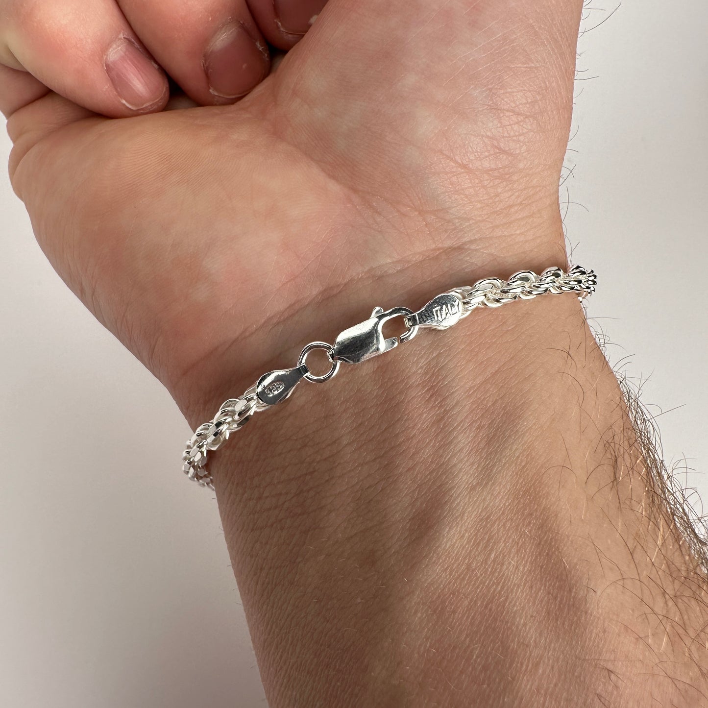 Solid .925 Sterling Silver Diamond Cut Rope Bracelet 4mm