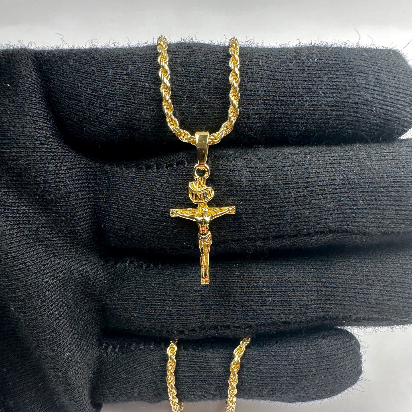 14k Gold Vermeil Diamond Cut Rope And Cross Pendant Set 2mm