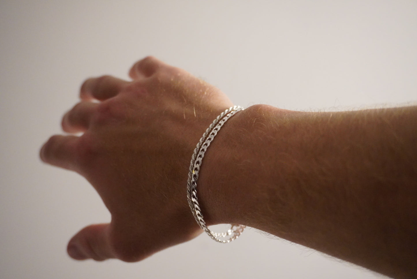 Solid .925 Sterling Silver Rope And Flat Cuban Bracelet Stack