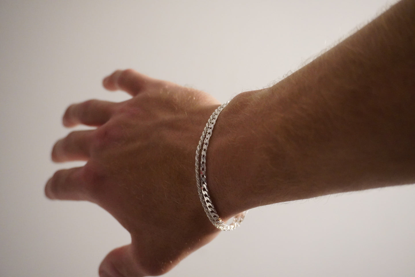 Solid .925 Sterling Silver Rope And Flat Cuban Bracelet Stack