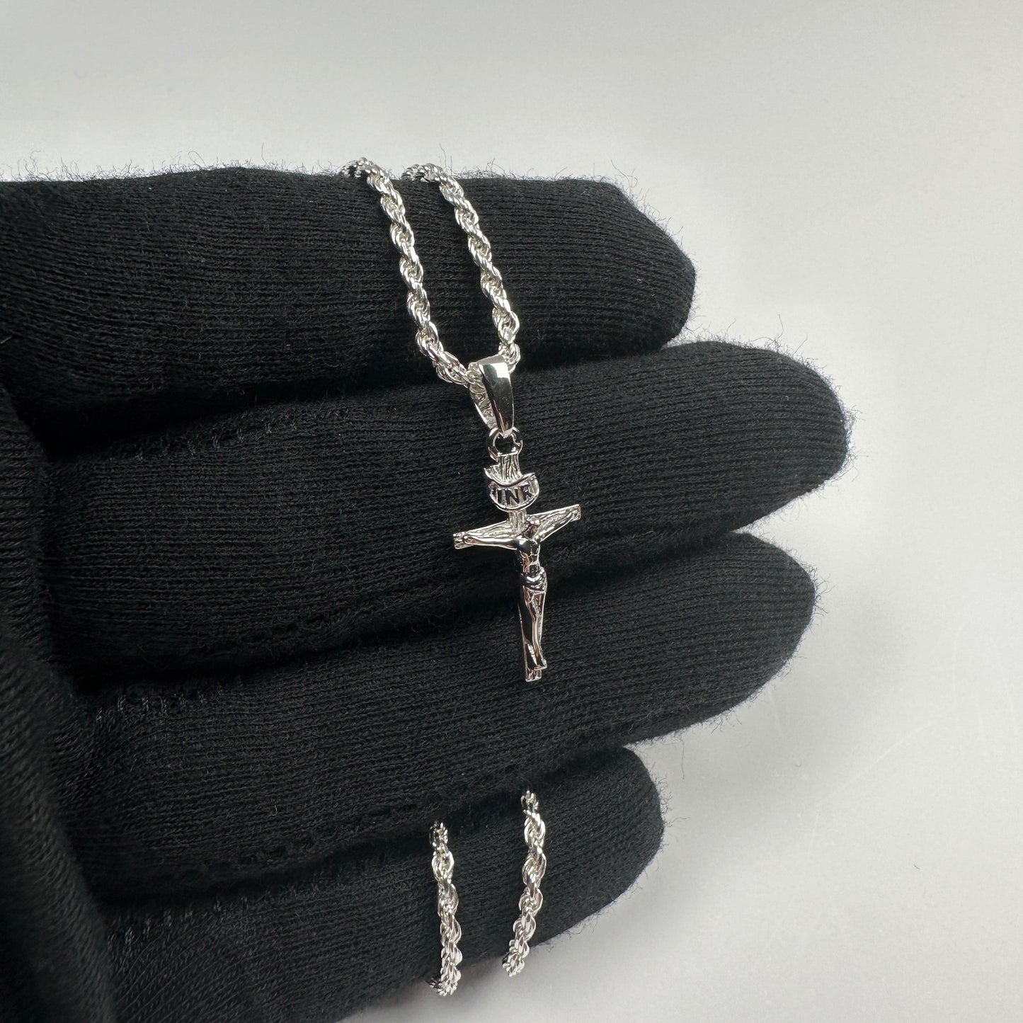 Solid .925 Sterling Silver Diamond Cut Rope And Cross Pendant Set 2mm