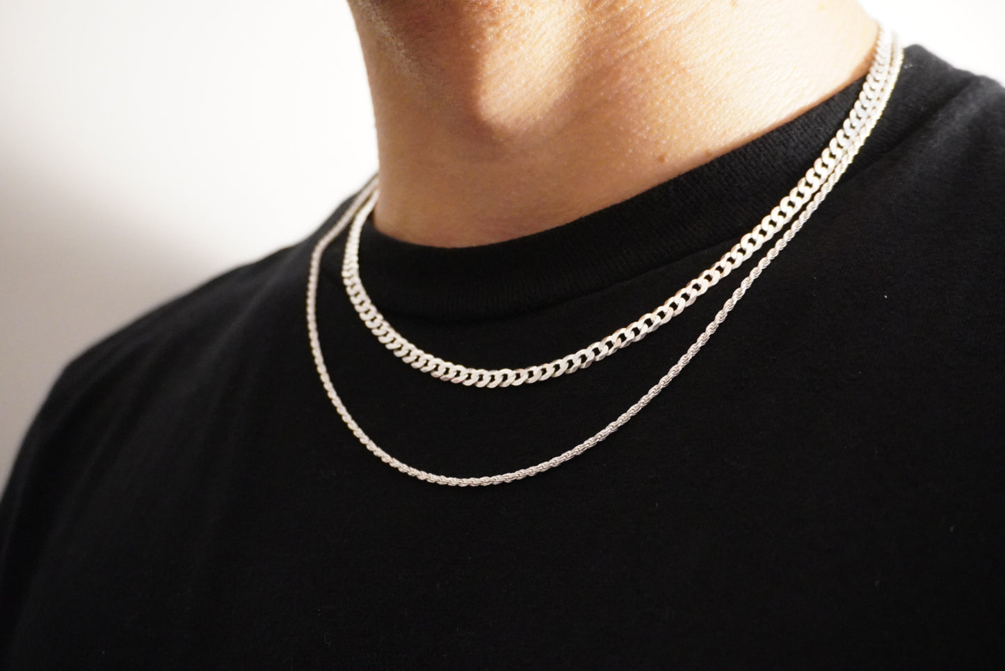 Solid .925 Sterling Silver Flat Cuban Link & Rope Chain Stack