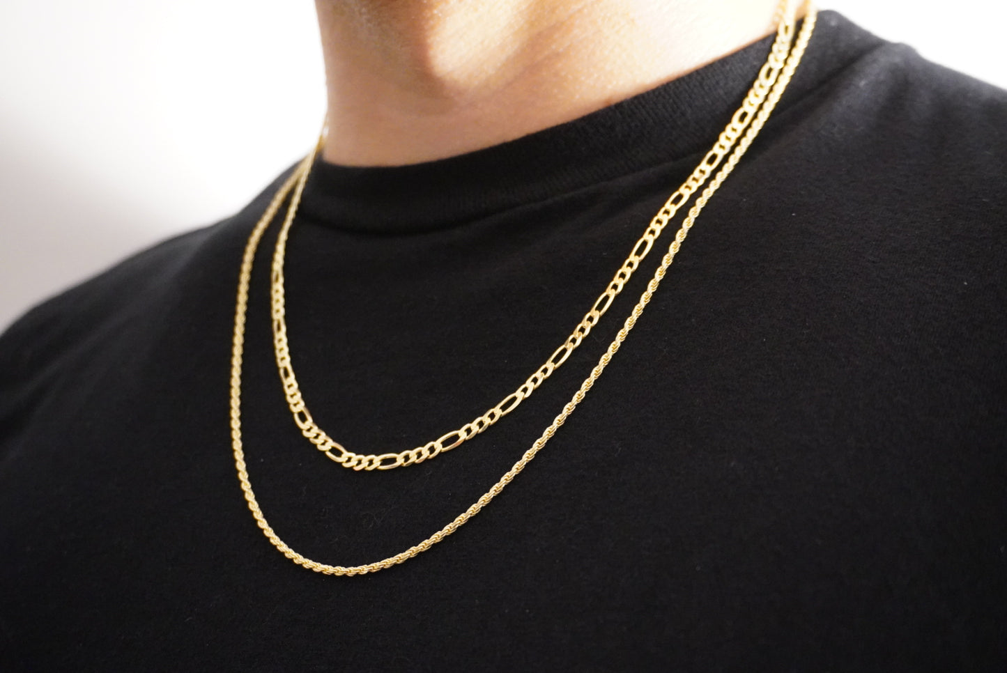 14k Gold Vermeil Figaro Link & Diamond Cut Rope Chain Stack