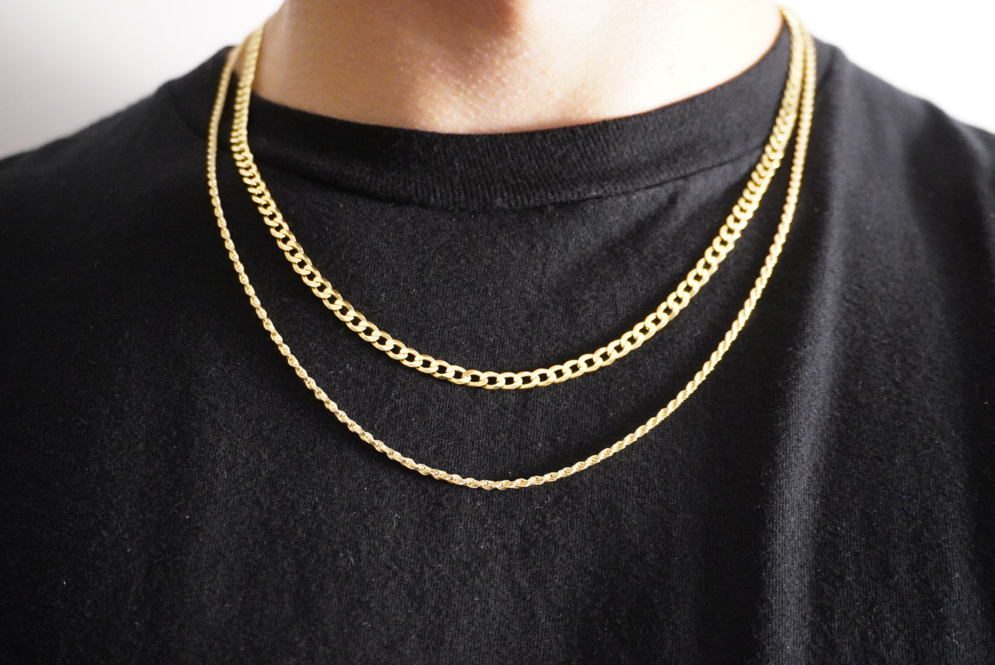 14k Gold Vermeil Flat Cuban Link & Rope Chain Stack