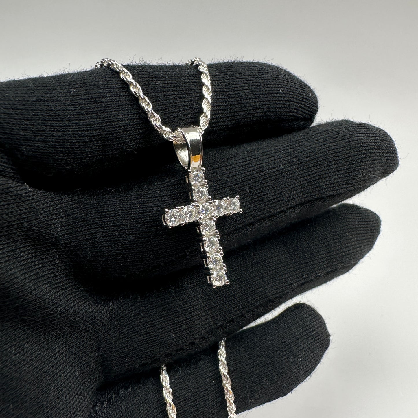 Solid .925 Sterling Silver Rope And Certified VVS Moissanite Cross Pendant In 2mm