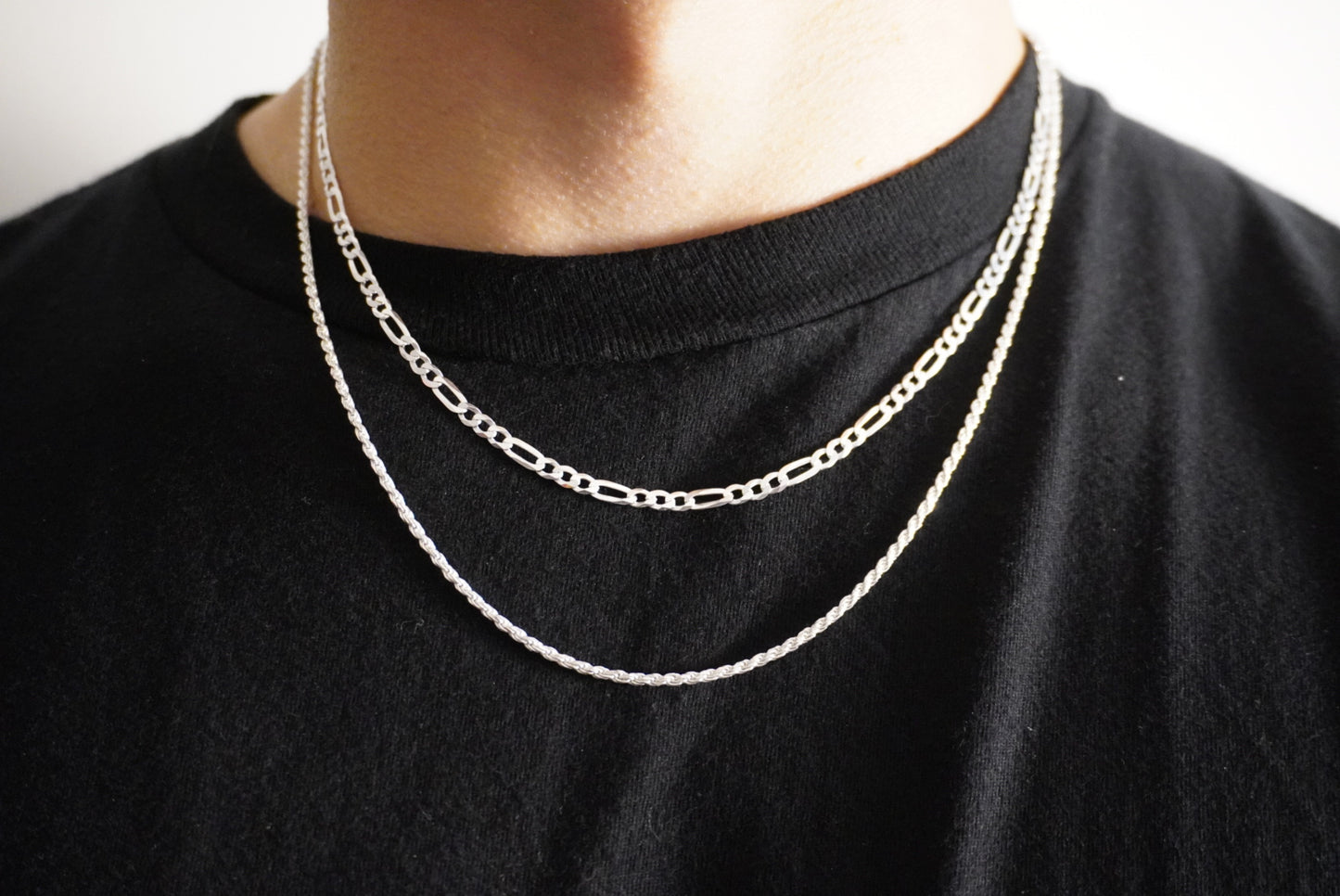 Solid .925 Sterling Silver Figaro Link & Rope Chain Stack