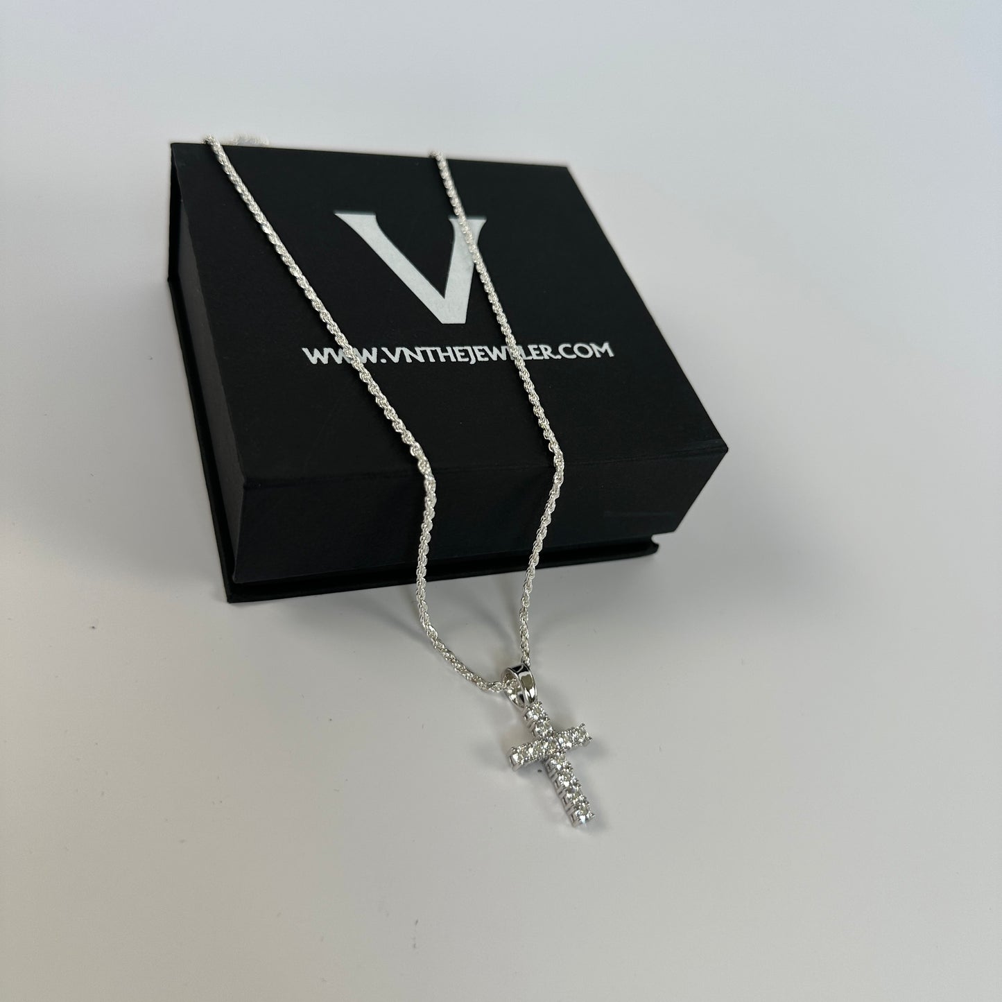 Solid .925 Sterling Silver Rope And Certified VVS Moissanite Cross Pendant In 2mm