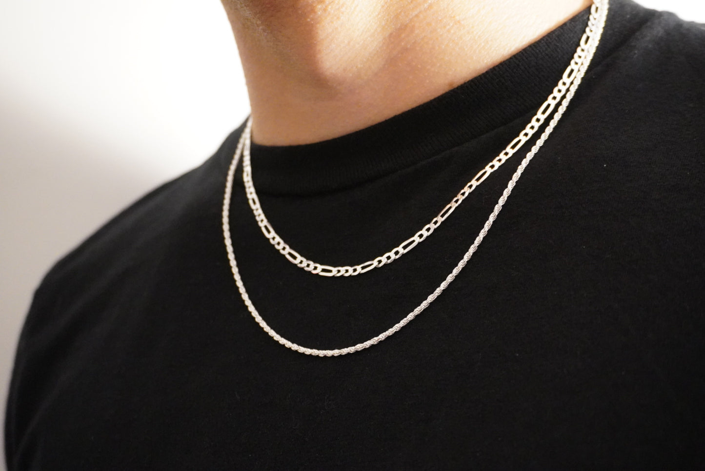 Solid .925 Sterling Silver Figaro Link & Rope Chain Stack