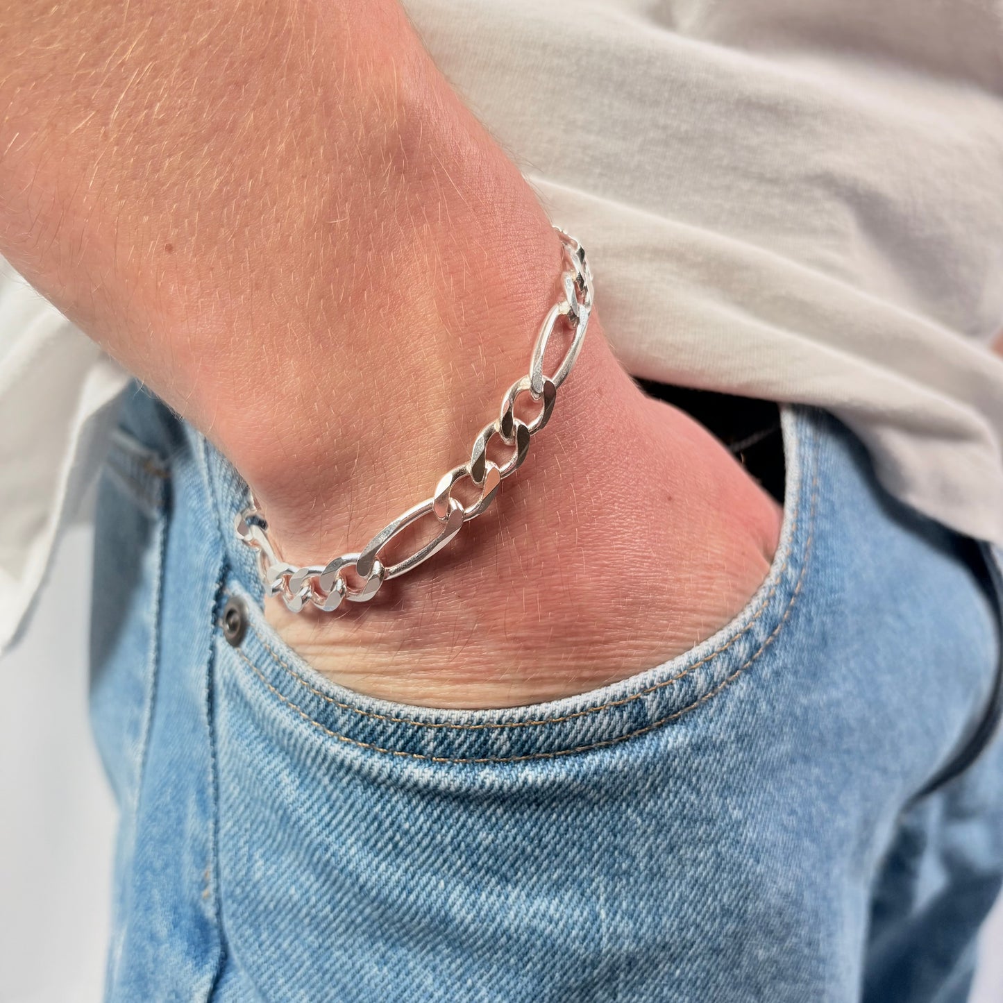 Solid .925 Sterling Silver Figaro Link Bracelet In 8mm 8 & 9 Inches