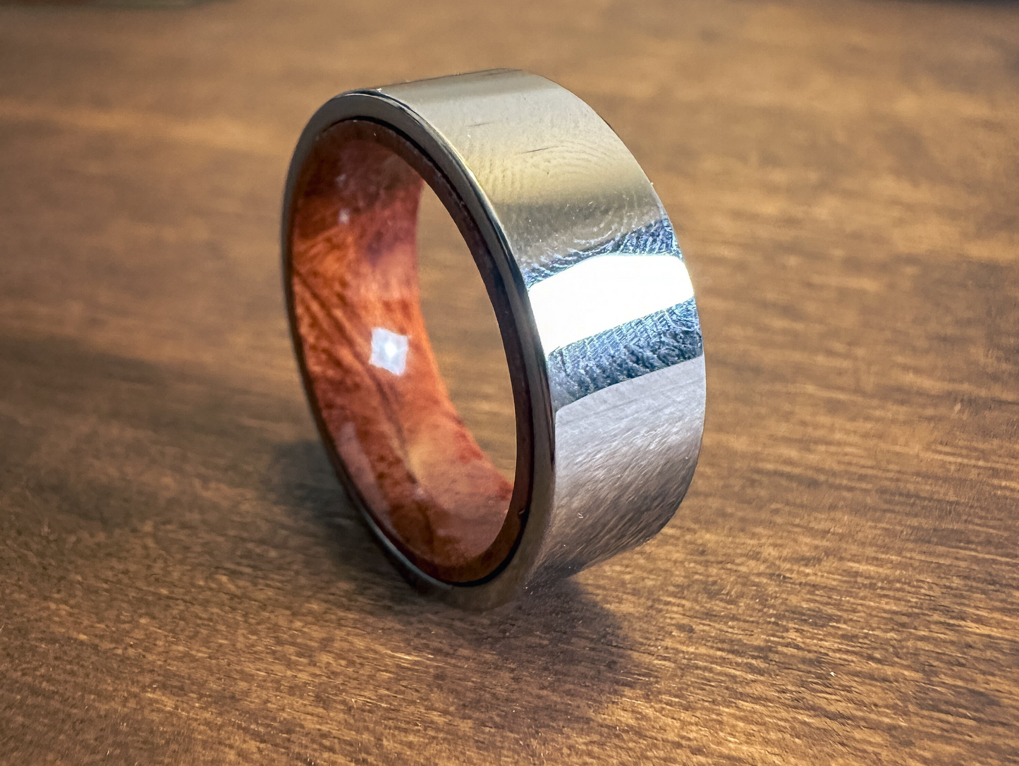 Polished Silver and Genuine Wood Ring