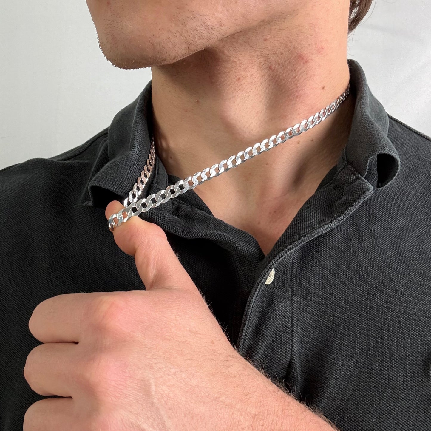 Solid .925 Sterling Silver Curb Chain Minimal Flat Cuban Link Necklace In 6.7mm