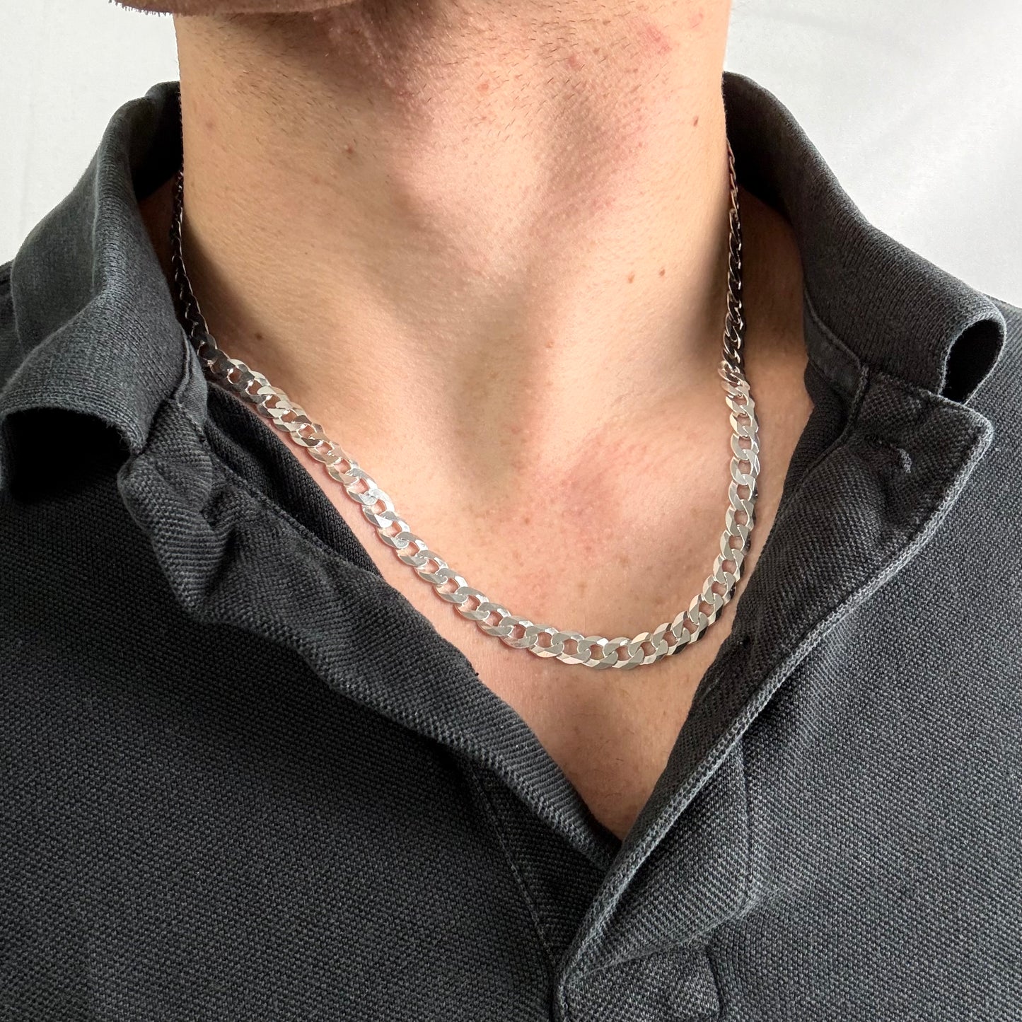 Solid .925 Sterling Silver Curb Chain Minimal Flat Cuban Link Necklace In 6.7mm