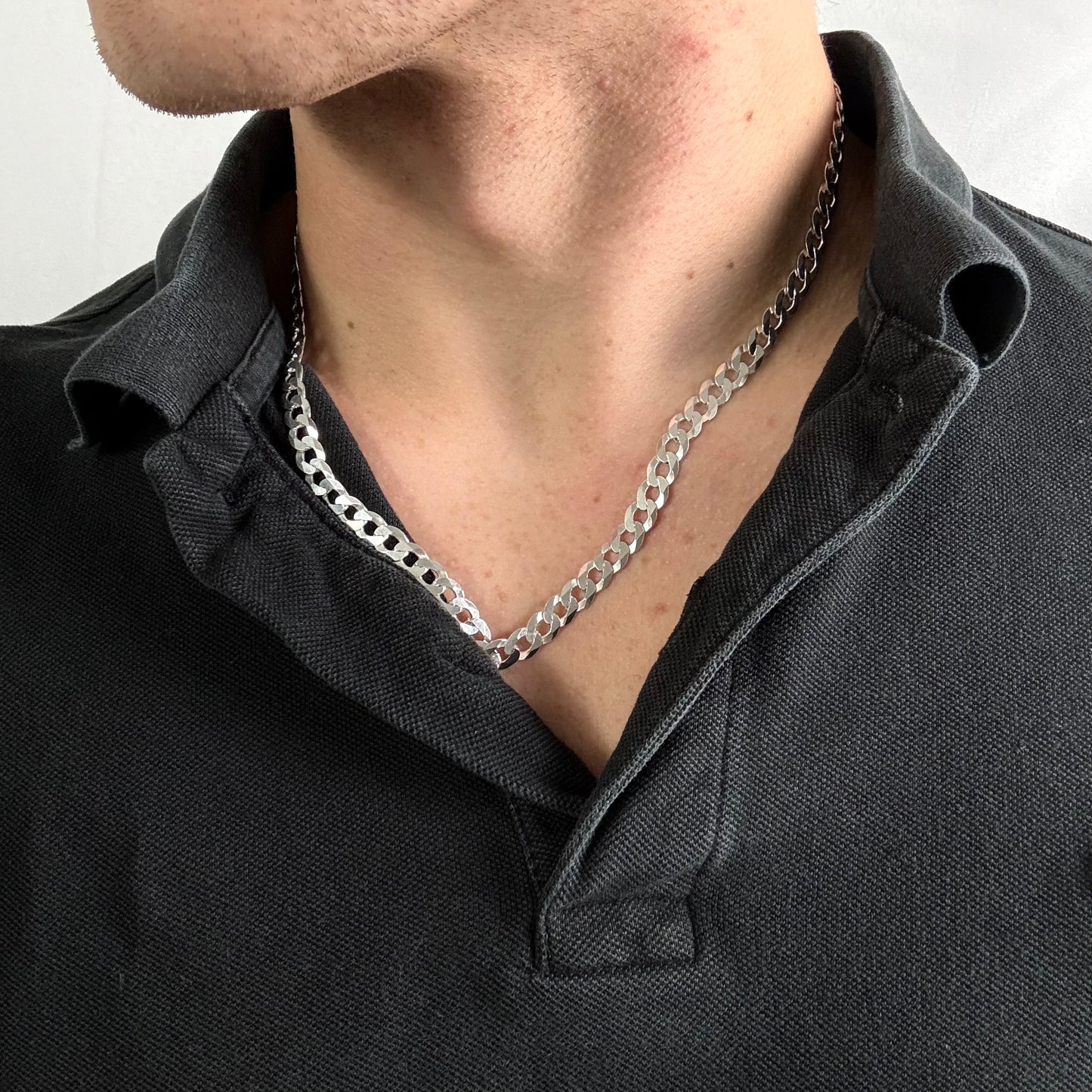 Solid .925 Sterling Silver Curb Chain Minimal Flat Cuban Link Necklace In 6.7mm