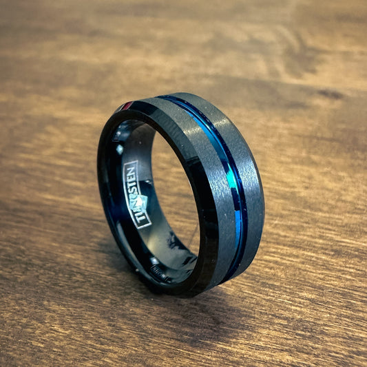 Black Tungsten Ring With Vibrant Cobalt Stripe