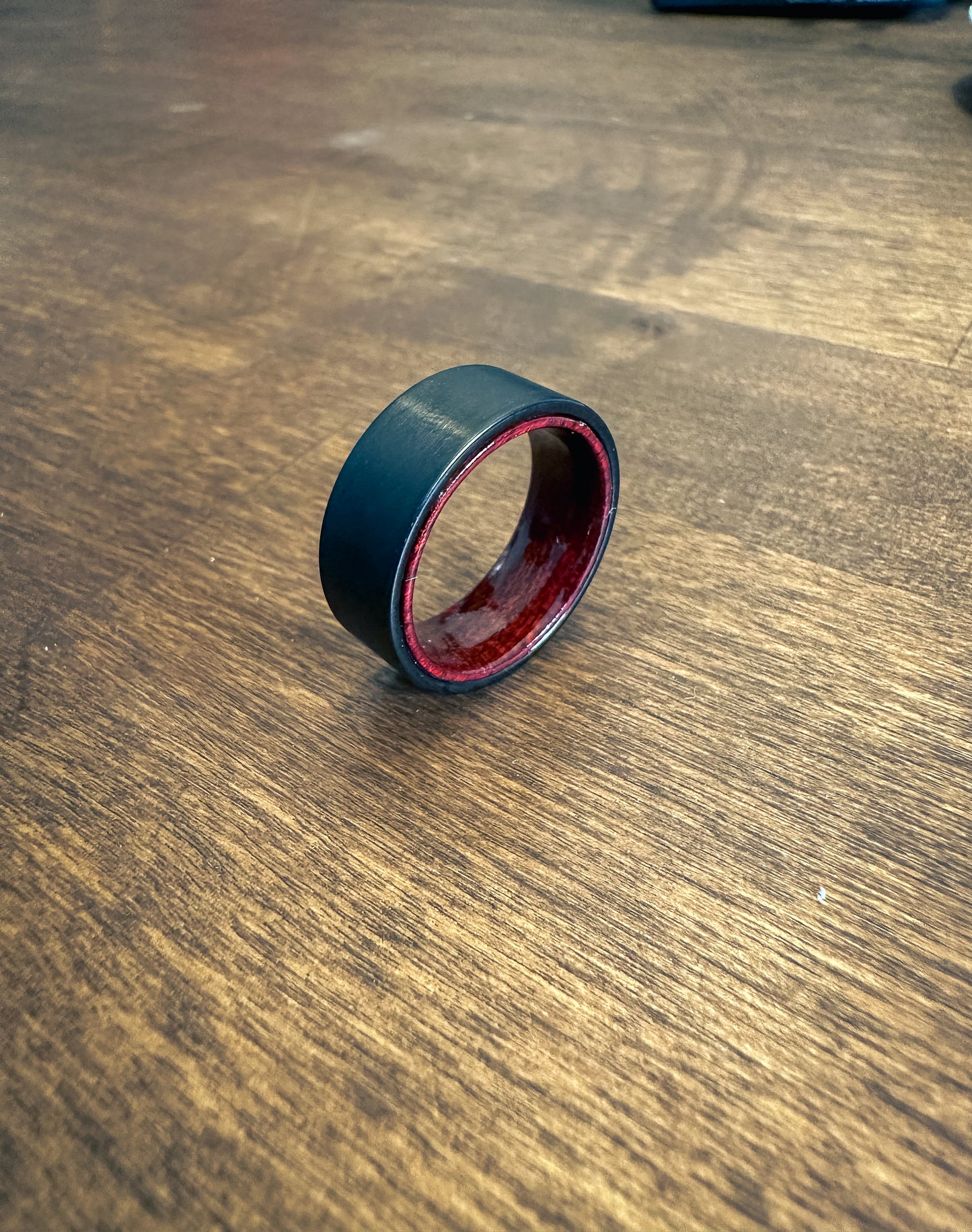 Satin Black Ring with Red Wood Inlay