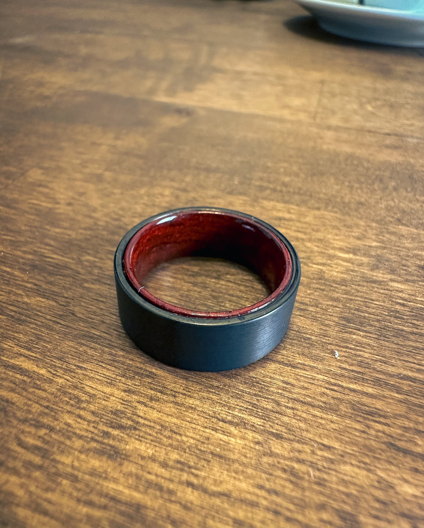 Satin Black Ring with Red Wood Inlay