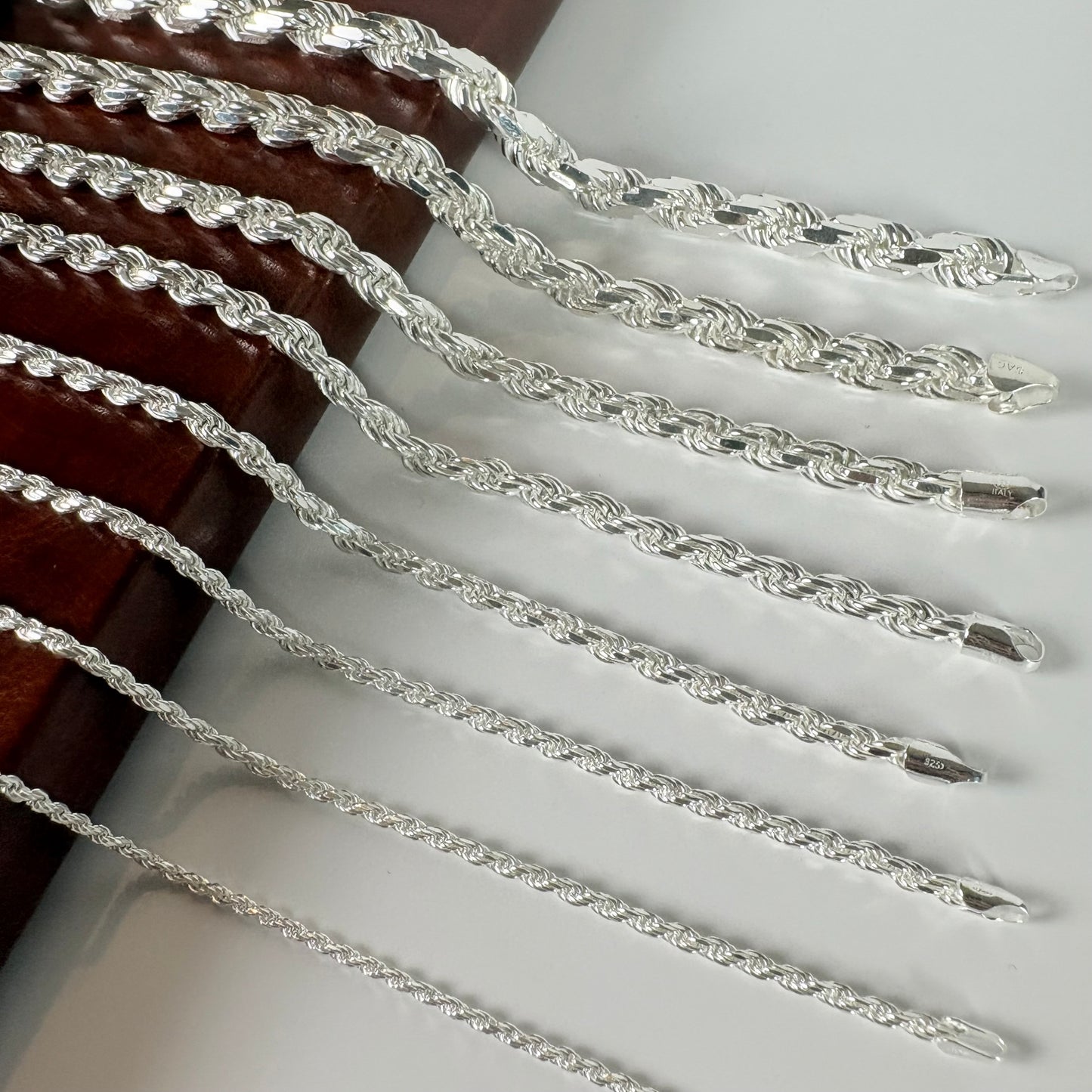 Italian Solid .925 Sterling Silver Diamond Cut Rope Chains in 2mm - 8mm With High Polish Finish, Anti Tarnish Waterproof Silver Jewelry