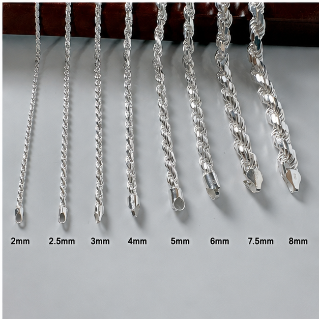 Italian Solid .925 Sterling Silver Diamond Cut Rope Chains in 2mm - 8mm With High Polish Finish, Anti Tarnish Waterproof Silver Jewelry