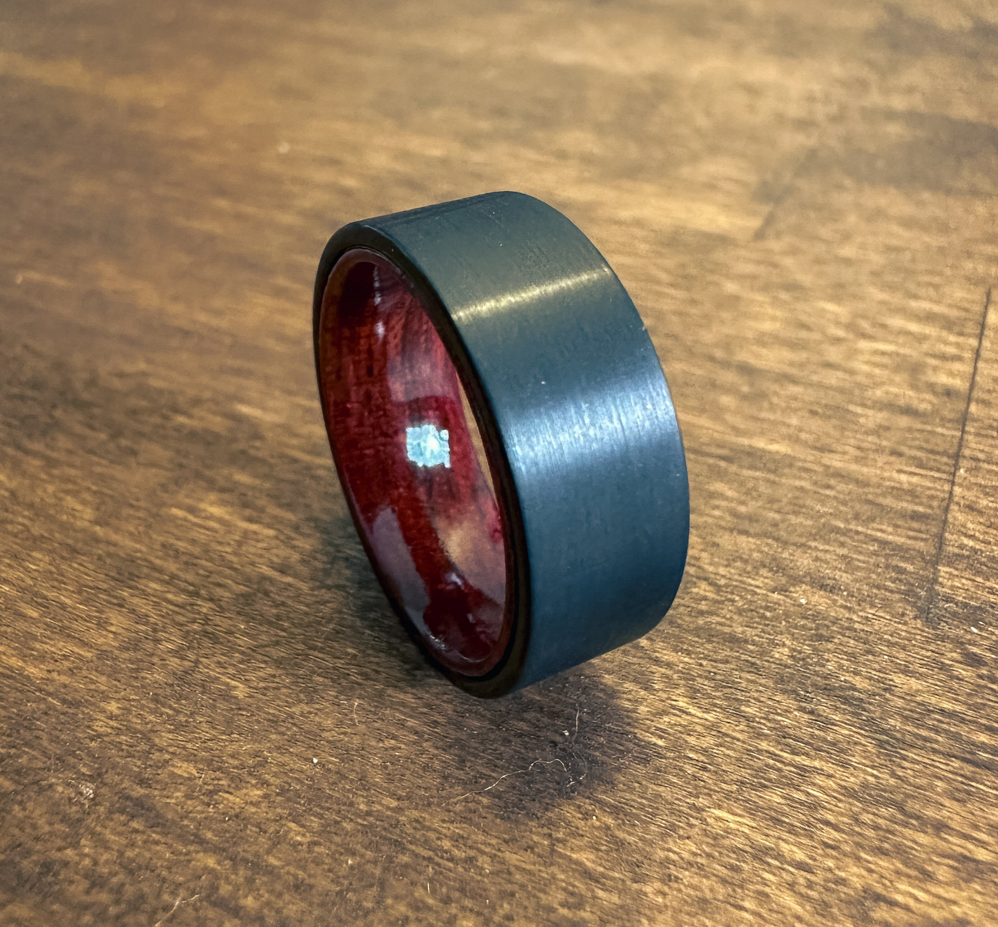 Satin Black Ring with Red Wood Inlay