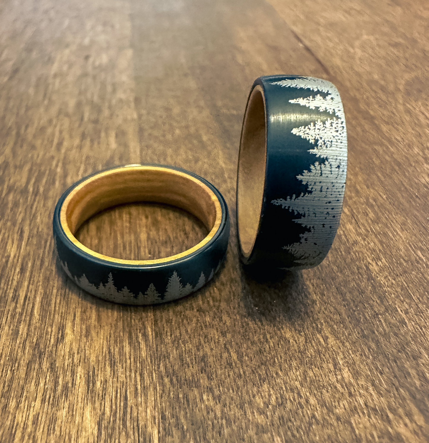 Forest Etched Satin Ring with Olive Wood